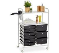 IDIMEX Caisson sur roulettes Marita Chariot avec 9 tiroirs en Plastique Noir et 2 étagères avec Anneau Porte sèche Cheveux, Meuble de Rangement pour Salle de Bain en métal laqué Blanc