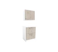 Caissons de cuisine - 1 meuble bas & 1 meuble haut - 2 tiroirs & 1 porte - Naturel clair & Blanc - TRATTORIA