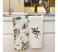 CAIT CHAPMAN HOME COLLECTION Lot de 2 torchons brodés avec feuilles et branches d'olivier 45,7 x 71,1 cm (fond brodé blanc)