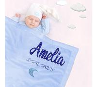 Caixiabeauty Couverture Bébé Personnalisée Brodée, Couverture Bebe Personnalisée Prénom et Anniversaire,Plaid Personnalisé Bébé,Cadeau Personnalisé for Nouveau-né,Fille,Garçon,100x100cm(Blue)
