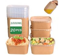 CaiYuanGJ 20 Pièces Boîtes à Salade En Papier Kraft 1000ml, Boîtes à Emporter Réutilisables Barquette Carton, Imperméables Et Oléofuges Avec Couvercle, pour Plats à Emporter, Salade Fitness Et Voyage