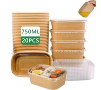 CaiYuanGJ 20 Pièces Boîtes à Salade En Papier Kraft 750ml, Boîtes à Emporter Réutilisables Barquette Carton, Imperméables Et Oléofuges Avec Couvercle, pour Plats à Emporter, Salade Fitness Et Voyage