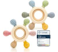 CAJA anneau de dentition bébé en silicone et bois lot de 2 jouet de dentition sans BPA motif animal cadeau naissance garçon fille prise facile
