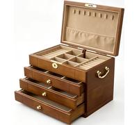 Caja de JoyeríA de Madera MarróN, Organizador de Joyas de Madera Maciza Con Espejo y Caja de Almacenamiento de Anillos Y Collares de 3 a 5 Cajones Con Cerradura(B,4 Layer B)