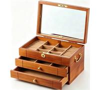Caja de JoyeríA de Madera MarróN, Organizador de Joyas de Madera Maciza Con Espejo y Caja de Almacenamiento de Anillos Y Collares de 3 a 5 Cajones Con Cerradura(B,3 Layer A)