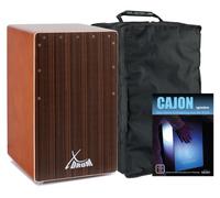 XDrum Cajon El Bajo Bass Port Cocoa Brown/Ebony Set - Cajon avec Bass Port, surfaces de frappe en placage bois noble & tapis de caisse claire fixé incl. housse & école de cajon pour débutants