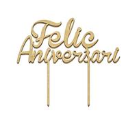 Cake topper doré en bois Feliç Anniversaire 18 x 15 cm.
