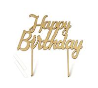 Cake topper doré en bois Happy Birthday 17 x 18 cm.