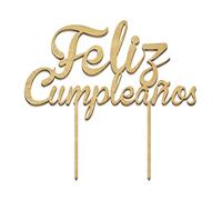 Cake topper doré en bois Joyeux anniversaire 18x16 cm.