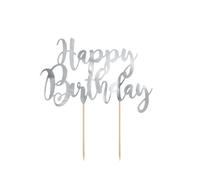 Cake topper en carton happy birthday argenté métallisé 22,5 cm - Argent