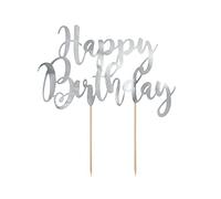 Cake topper en carton happy birthday argenté métallisé 22,5 cm - Argent