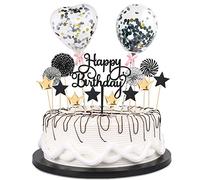 Cake Topper,Gâteau Anniversaire Décoration,Happy Birthday Gâteau Topper,Cupcake Topper,Cake Topper Joyeux,Étoiles Topper avec de Décoration pour Ballon Confettis Fête de d'anniversaire (noir)