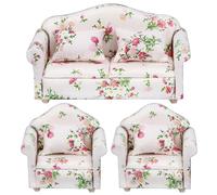 CAKEEYUM 3 pièces/Ensemble 1 12 échelle Meubles de Maison de poupée Motif Floral Double et Simple canapé Maison poupée avec Oreiller Fauteuil canapé Meubles Salon Accessoires en Bois.