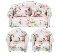 CAKEEYUM 3 pièces/Ensemble 1/12 Meubles de Maison de poupée, Motif Floral Double et Simple canapé Maison poupée avec Oreiller Fauteuil canapé Meubles Salon Accessoires en Bois