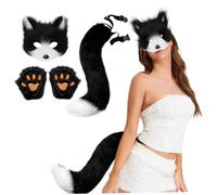 CAKEEYUM 3Pcs/Set Therian Gear, Halloween Therian Mask and Tail, Gloves Set Black and White Half Face Fox Mask with Adjustable Buckle Furry Tail for Halloween Cosplay Cat
