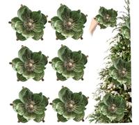 CAKEEYUM 6 pièces Fleurs de Noël, Fleurs de Magnolia Vertes Ornements Artificiels Réalistes 9, 5 Pouces Grandes Décoratives à Paillettes pour Vase, Arbre Noël, Couronne Magnol
