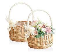 CAKEEYUM Basket Flower Girl 2pcs Petit Panier en Osier en rotin avec poignées enveloppantes de Ruban de Soie et Arc décoratif pour Pique-Nique Mariage à la Maison