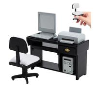 CAKEEYUM Bureau Miniature 1/12 en Bois pour Maison de poupée, Meubles de Simulation, Table Bureau, Chaise avec Ordinateur Miniature et imprimante pour Accessoires Maison poupée, Meubles ma