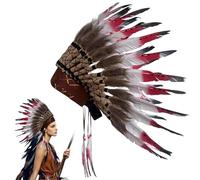 CAKEEYUM Coiffe Indienne Plumes Casque Indien amérindien Cosplay Costumes d'halloween pour Hommes Femmes Coiffure Rouge, Accessoires pour Cheveux, amérindien, Casque