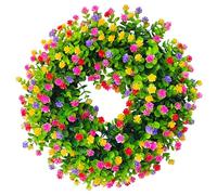 CAKEEYUM Couronnes de Printemps pour Porte d'entrée, Couronne d'eucalyptus Artificielle de 15 Pouces avec diverses Petites Fleurs, décoration Porte vive pour Toute l'année colorée