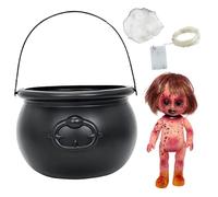 CAKEEYUM Décorations d'halloween Chaudron de sorcière Noire de 7, 7 Pouces, Pouces avec Une poupée Fille effrayante String lumières et Coton pour la fête d'halloween Haunted House Home Decorations