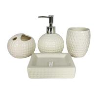 CAKEEYUM Ensemble d'accessoires de Salle de Bain Blanc 4 pièces, Distributeur Savon gravé avec Porte-Brosse à Dents, gobelet et Porte-Savon, Ensemble d'accessoires Salle Bain en céramique pour la mai