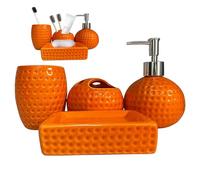CAKEEYUM Ensemble de Salle de Bain Orange 4 pièces, Accessoires Salle Bain en céramique Orange Comprenant Un Porte-Brosse à Dents, Un gobelet, Distributeur Lotion, Porte-Savon pour la décoratio