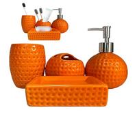 CAKEEYUM Ensemble de Salle de Bain Orange 4 pièces, Accessoires Salle Bain en céramique Orange Comprenant Un Porte-Brosse à Dents, Un gobelet, Distributeur Lotion, Porte-Savon pour la décoratio