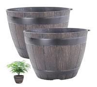 CAKEEYUM Jardinière en Baril de 2 pièces, Grands Pots en résine de 7, 5 Pouces pour Plantes avec Drainage, jardinière en Baril vin pour Jardin intérieur et extérieur