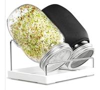 CAKEEYUM Kit de Germination pour brocolis, Haricots Mungo et Luzerne : bocaux à Large Ouverture avec couvercles en Maille d'acier Inoxydable, bac d'égouttage et Support.