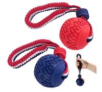 CAKEEYUM Lot de 2 balles interactives pour Chiens avec Corde, à mâcher et pour Nettoyer Les Dents. Jouet en Caoutchouc pour Chiens de Petite et Moyenne Taille (Bleu Rouge).