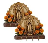 CAKEEYUM Lot de 2 porte clés muraux en bois représentant la Vierge, avec 4 crochets. Ornement religieux rustique et plat pour entrée, couloir ou salon.