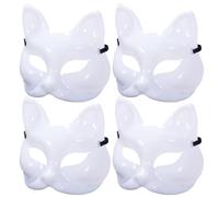 CAKEEYUM Lot de 4 Masques de Chat DIY Vierges à Peindre Halloween Masque Renard Demi-Visage Therian Blanc inachevé avec Bande élastique pour Cosplay Mascarade fête Chat, Renard, Halloween, Blanc