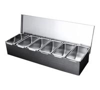 CAKEEYUM Station de garniture de pizza 18 x 4 x 6, conteneur stockage pizza à 6 compartiments, récipients à condiments en acier inoxydable avec couvercles, organisateur condiments détachables pour st