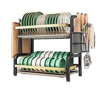 CAKERS Égouttoir À Vaisselle avec Bac De Vidange Amovible|Passoires À Vaisselle en Acier Au Carbone pour Comptoir De Cuisine|Support De Vaisselle,Or Noir,2 Niveaux avec Ensemble