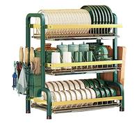 CAKERS Égouttoir À Vaisselle avec Bac De Vidange Amovible|Passoires À Vaisselle en Acier Au Carbone pour Comptoir De Cuisine|Support De Vaisselle,Vert-Or,3 Niveaux (Extra Longue) avec Ensemble