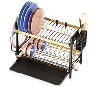 CAKERS Égouttoir À Vaisselle avec Bac De Vidange|Égouttoirs À 2 Étages en Fer pour Comptoir De Cuisine|Étagère Organisateur pour Égouttoir À Vaisselle|52,5x24x34cm(20,6x9,4x13,3Pouces),Or Noir
