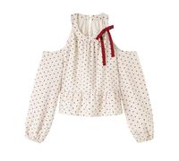 CakfLjkhl Femmes Automne Mignon À Pois Dénudé Épaule Chemise À Manches Longues Y2K Noeud Papillon Nuisette Babydoll Mode Dame Tops,Red and white,M