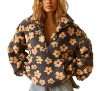 CakfLjkhl Femmes demi-zip flou polaire pull sweat-shirt motif de fleur lâche décontracté hauts chauds automne vêtements à la mode,Noir,S