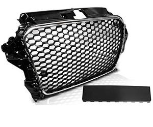 Calandre Avant Compatible Avec Audi A3 8V 2012-2016 Cabrio 2-5 Portes - Grille Centrale Sport GV-58 en Maille Nid d'Abeille Chrome Noir