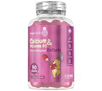 Calcium et Vitamine D Enfant Gummies, 90 Gummies Faibles en Sucre, Vitamine Enfant 3 Ans à 12 Ans à l'Arôme Naturel de Fraise et Vanille, Végétarien, sans Gluten ni Lactose
