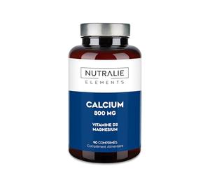 Calcium, magnésium vitamine D - 800mg carbonate de calcium - Os, dents et muscles - Complément à base de calcium, magnésium et cholécalciférol - 90 comprimés végétaliens Calcium Elements Nutralie