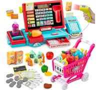 Calculatrice Enregistreuse Éducative pour Enfants 3-8 Ans - Jeu de Supermarché avec Musique, Nourriture & Chariot | Jouet d'apprentissage pour Filles et Garçons (Rouge-Bleu)