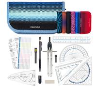 CALCUSO Set de géométrie PRO en trousse bleue avec compas, règle, rapporteur et équerre - Pour école, college, bureau et université