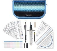 CALCUSO Set de géométrie PRO en trousse bleue avec compas, règle, rapporteur et équerre - Pour école, college, bureau et université