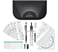 CALCUSO Set de géométrie PRO en trousse noire avec compas, règle, rapporteur et équerre - Pour école, college, bureau et université