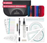 CALCUSO Set de géométrie PRO en trousse noire avec compas, règle, rapporteur et équerre - Pour école, college, bureau et université