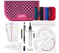 CALCUSO Set de géométrie PRO en trousse rose avec compas, règle, rapporteur et équerre - Pour école, college, bureau et université