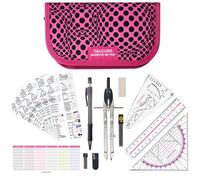 CALCUSO Set de géométrie PRO en trousse rose avec compas, règle, rapporteur et équerre - Pour école, college, bureau et université
