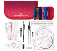 CALCUSO Set de géométrie PRO en trousse rouge avec compas, règle, rapporteur et équerre - Pour école, college, bureau et université